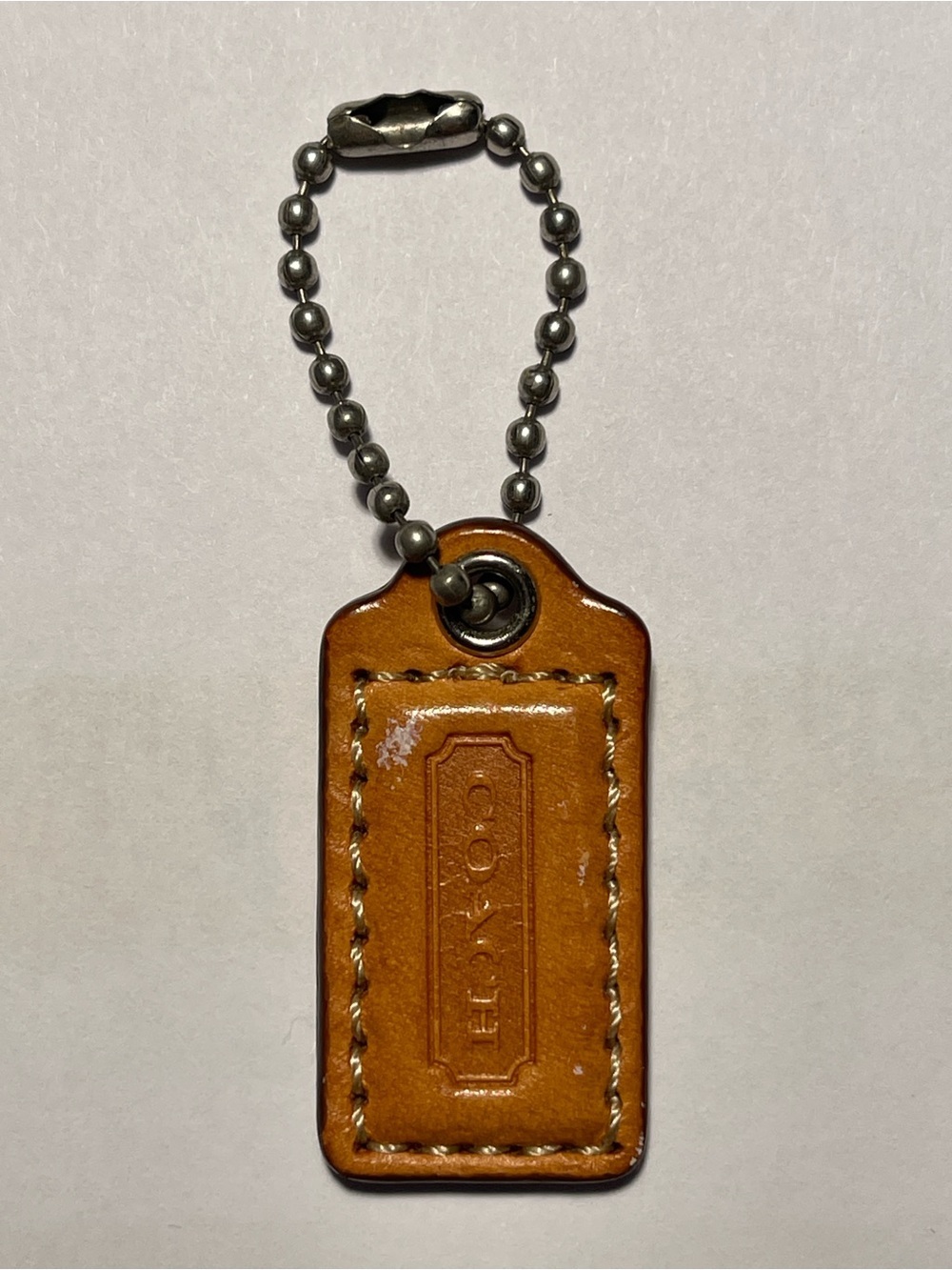Coach Leather Hang Tag in Tan with Metal Ball Chain